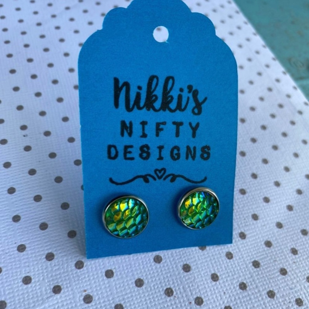 Green mermaid scale hypoallergenic stud earrings